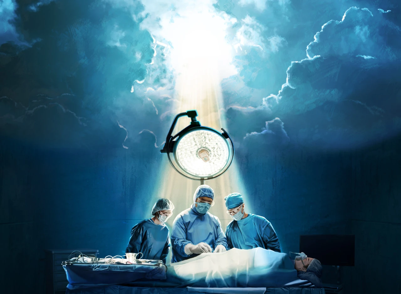 Dr. James J. Elist and his surgical team operating on a patient in the operating room